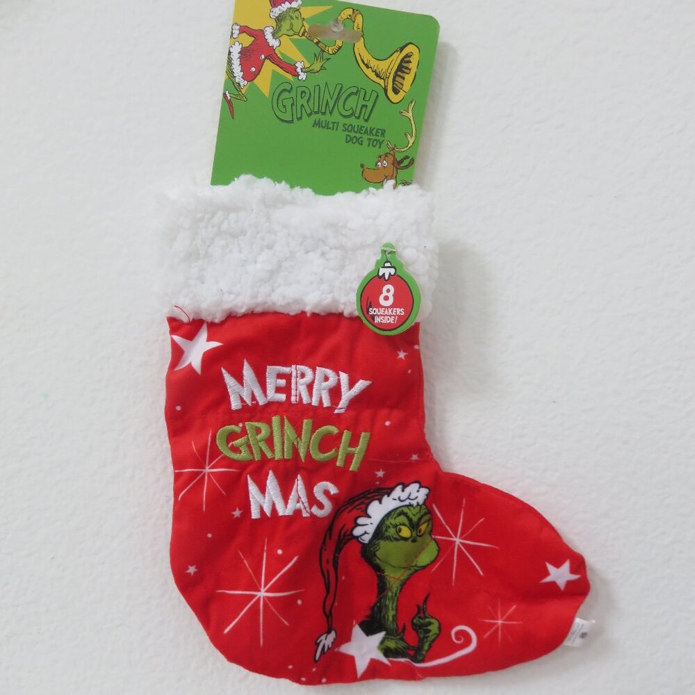 (121) Christmas Dr. Seuss Grinch Christmas Stocking Squeak Toy "MERRY GRINCH MAS